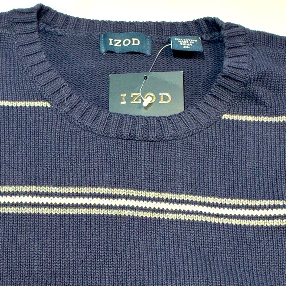 IZOD Mens Cotton Sweater Crewneck Navy Blue Stripe XL NWT - Picture 2 of 5